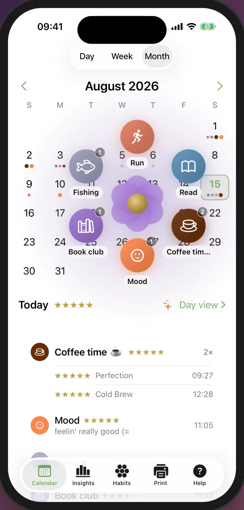 Qualian on iPhone: a monthly calendar with six coloured habit petals fanned out around a flower.